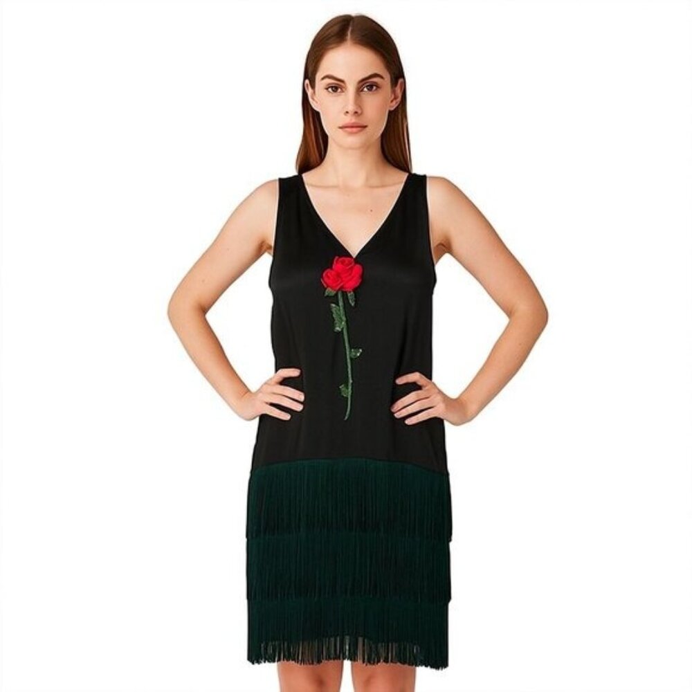 YOUNG EDWARDIAN BY ARPEJA x VINTAGE 70's Green Satin Fringe long stem rose dress